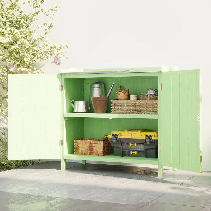 Outsunny Wood Garden Storage Cabinet, Outdoor Tool Shed, Potting Bench Table with galvanised Top and Two Shelves for garden Tools or Pool Accessories, Green