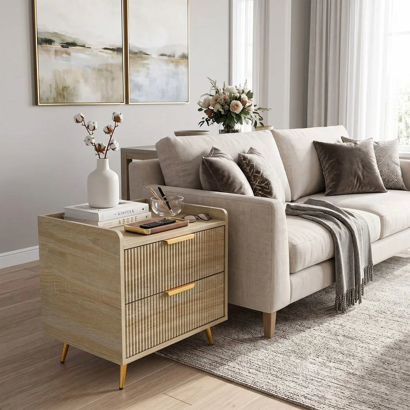 HOMCOM Bedside Table with 2 Drawers, Side End Table with Metal Legs for Bedroom, Living Room, Natural Wood Finish