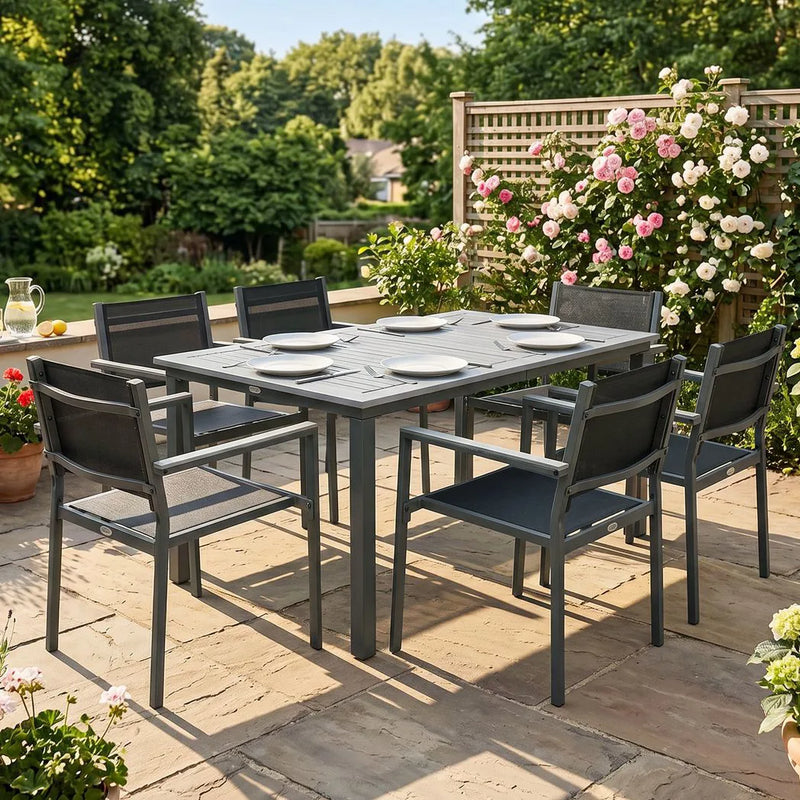 Outsunny Garden Dining Set with Acacia Wood Table Top, Outdoor Table and Stackable Chairs Set for 6 with Texteline Seat, Grey