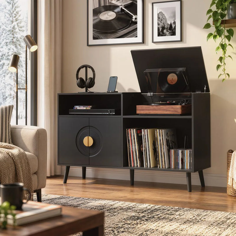 HOMCOM Record Player Stand, Vinyl Record Holder with Storage Holds Up to 300 Albums with Flip-Top Compartment, Black