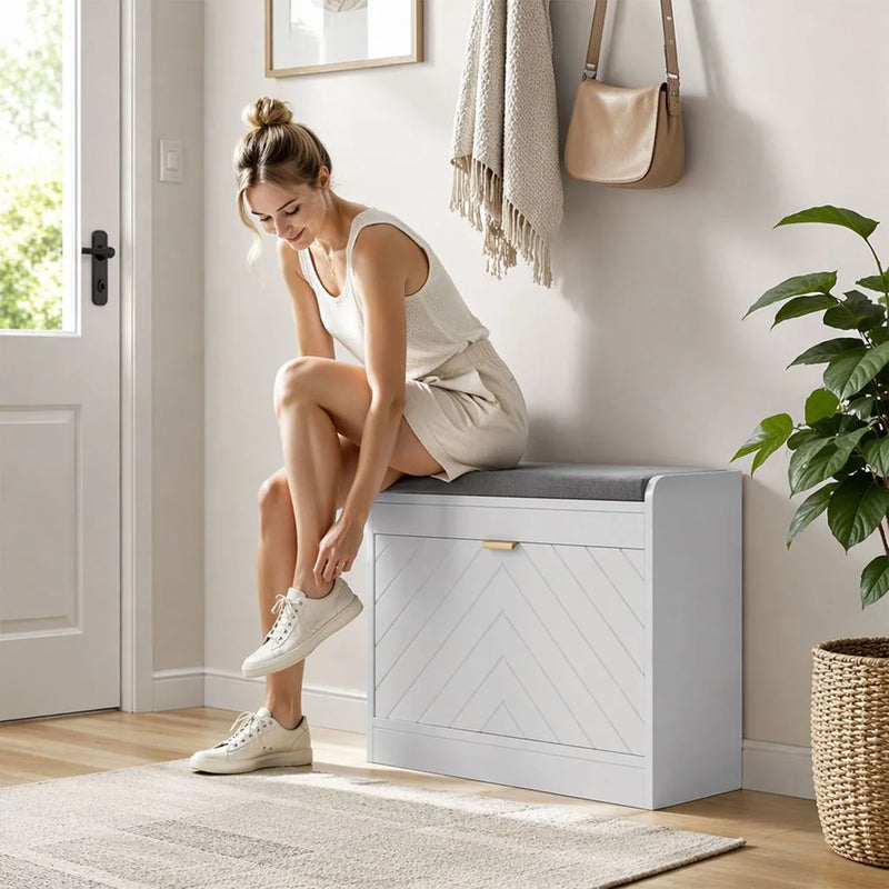 HOMCOM Shoe Storage with Seat, Upholstered Entryway Bench, Shoe Bench with 1 Flip Drawer and 4 Vents for 5 Pairs of Shoes