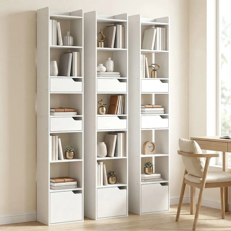 HOMCOM Bookcase Tall Narrow with 5 Tiers and Drawers Freestanding Bookshelf Storage Cabinet for Living Room White Wood Effect