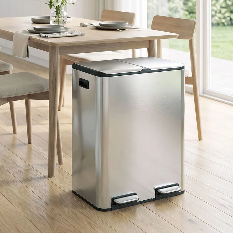 HOMCOM 2 x 30L Double Kitchen Bin, Stainless Steel Pedal Rubbish Bin with Dual Compartments, Soft Close Lids, Silver Tone