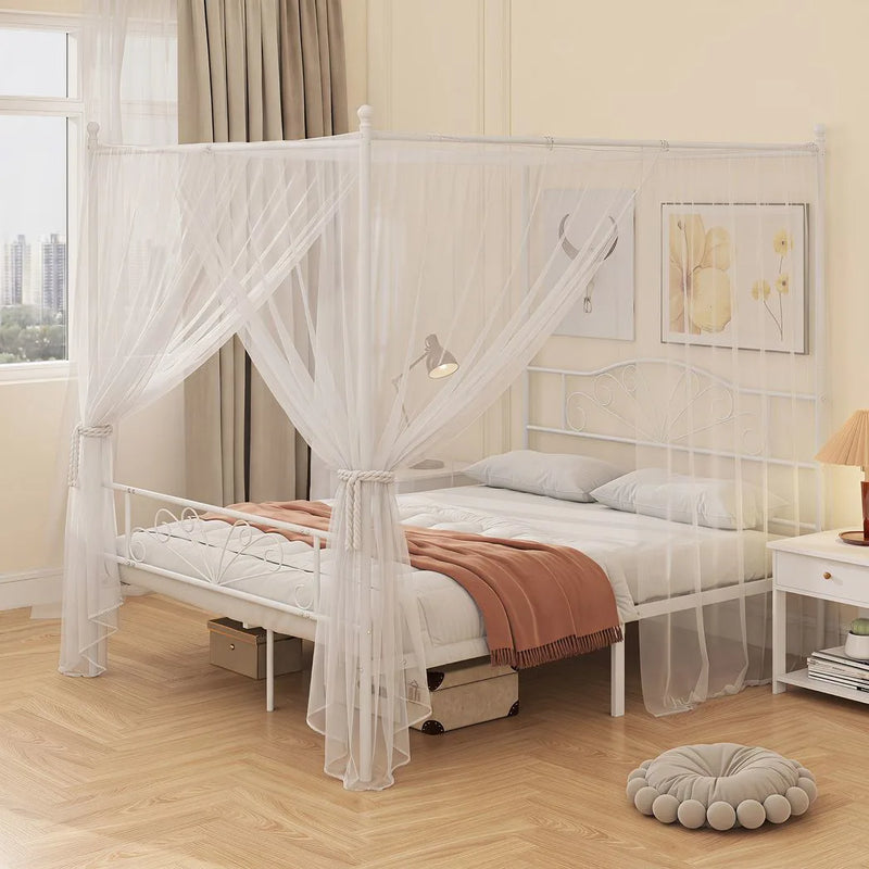 HOMCOM Canopy Bed Frame Double Size, Metal Platform Bed Frame with Headboard and Footboard, Underbed Storage, White