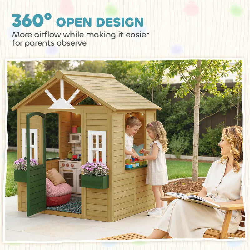 AIYAPLAY Outdoor Kids Playhouse, Wooden Wendy House with Door, 3 Windows, 2 Flower Boxes for Garden, Indoor Playroom