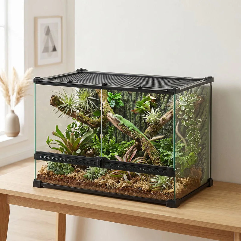 PawHut Reptile Glass Terrarium with Stone Background, Front Ventilation, Escape-Proof Knob Lock, 50 x 30 x 35 cm, Black