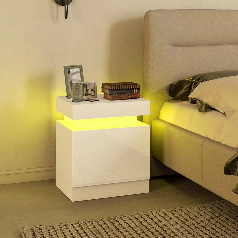 HOMCOM White Bedside Table with LED Light, High Gloss Front Nightstand with 2 Drawers, for Living Room, Bedroom, Set of 2