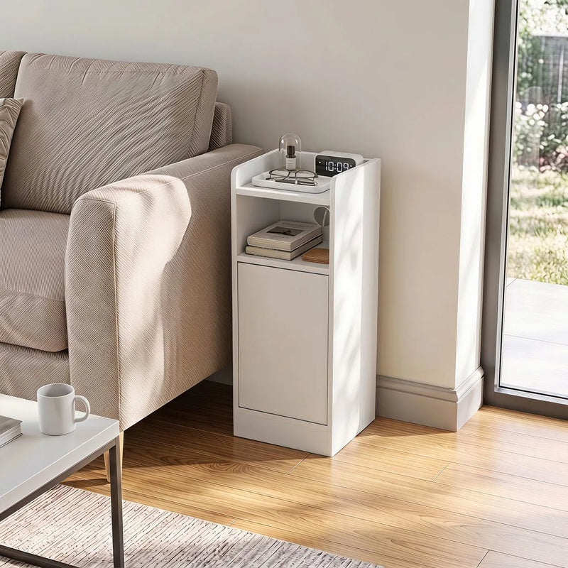 HOMCOM Slim Bedside Table Set of 2 with Charging Station, Narrow Bedside Cabinet with Adjustable Shelf, White