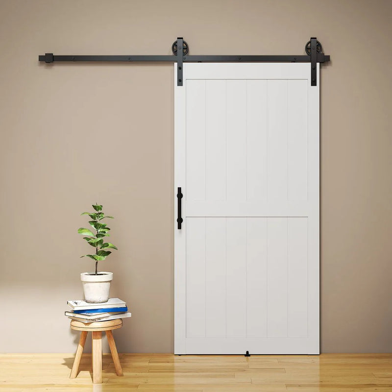 HOMCOM 213.4cm Sliding Barn Door Kit, Sliding Door with Track, Hardware, Upgraded Rollers and Floor Guide, Handle, White