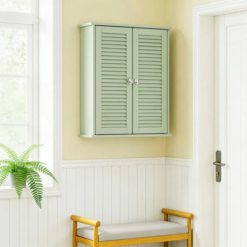 HOMCOM Bathroom Cabinet, Bathroom Wall Cabinet with Louvered Doors and Adjustable Shelf Storage for Kitchen, Light Green