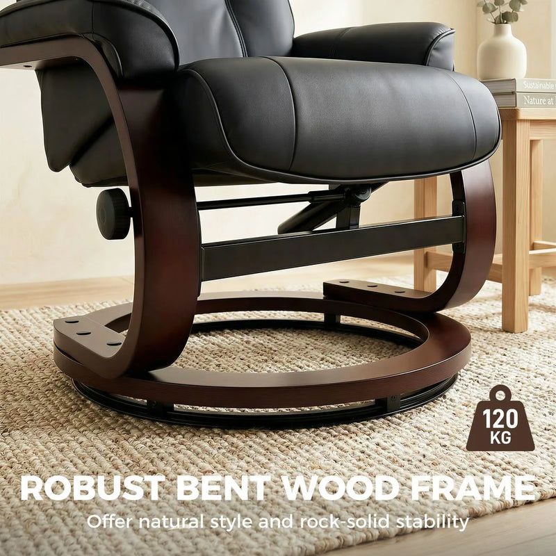 HOMCOM Swivel Recliner Chair with Footstool, PU Leather Recliner Armchair with Adjustable Back and Wood Frame, Black