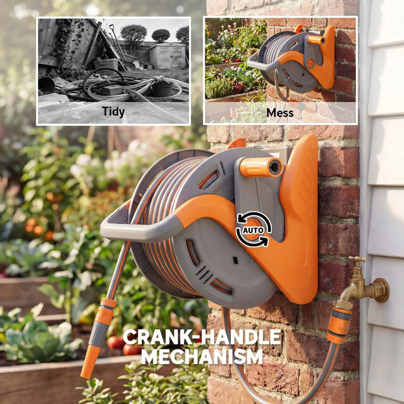 Outsunny Portable Garden Hose Reel, 20 m Wall Mounted Hose Reel with 2 Patterns Spray Nozzle and Crank Handle, Orange