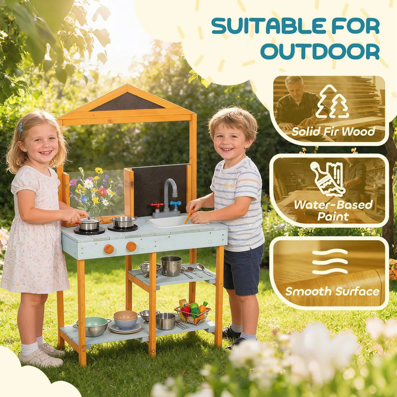 AIYAPLAY Mud Kitchen for Kids, Outdoor Wooden Play Kitchen with Sink, Stove, Cookware, Shelves, Pretend Play Toy for Ages 3-8