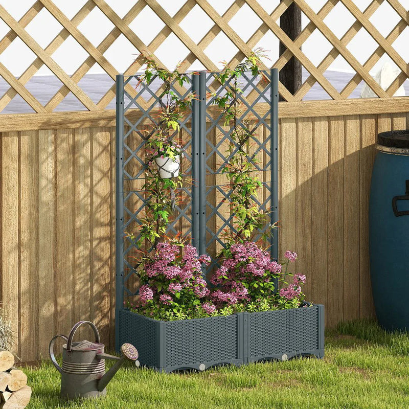 Outsunny Raised Garden Bed with Trellis, Plastic Planter Box with Drainage Holes, Drain Plugs and Water Reservoirs for Climbing Plants, Vegetables, Flowers, Grey