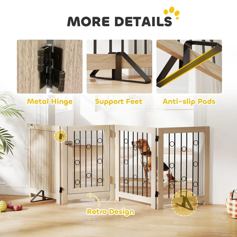 PawHut 4 Panel Freestanding Pet Gate, Indoor Dog Barrier with Lockable Door, Support Feet, 360° Flexible Hinges, Oak