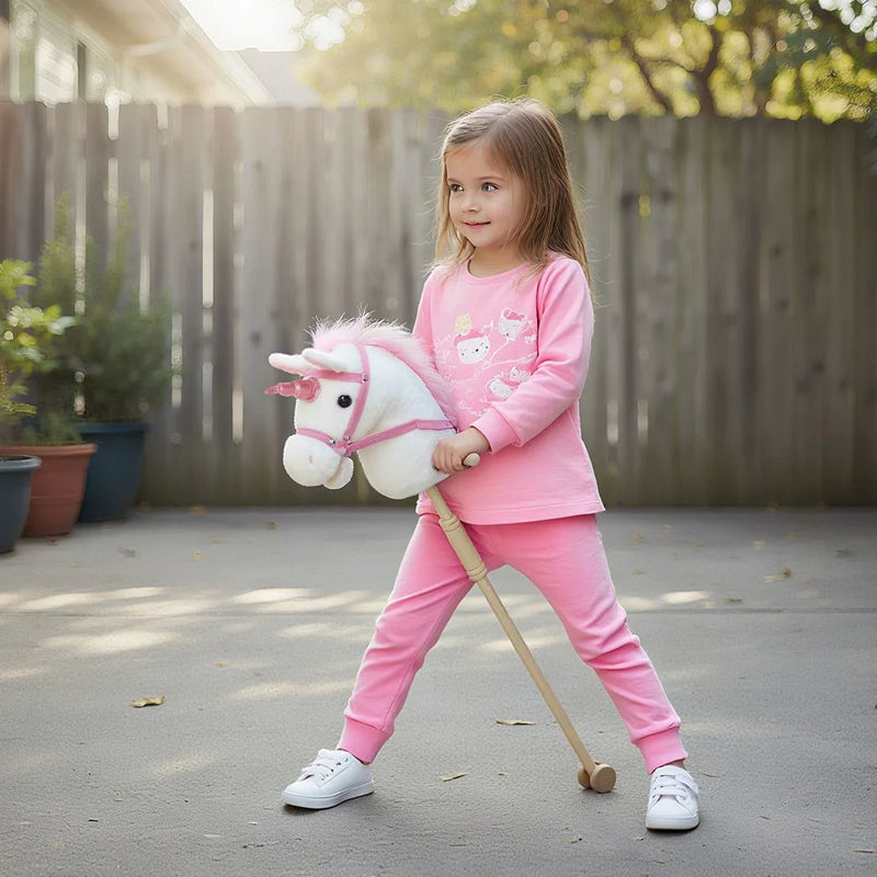 AIYAPLAY Unicorn Stick Horse with Wood Wheels, Real Pony Neighing and Galloping Sounds, Grip Handle, 95 cm, White
