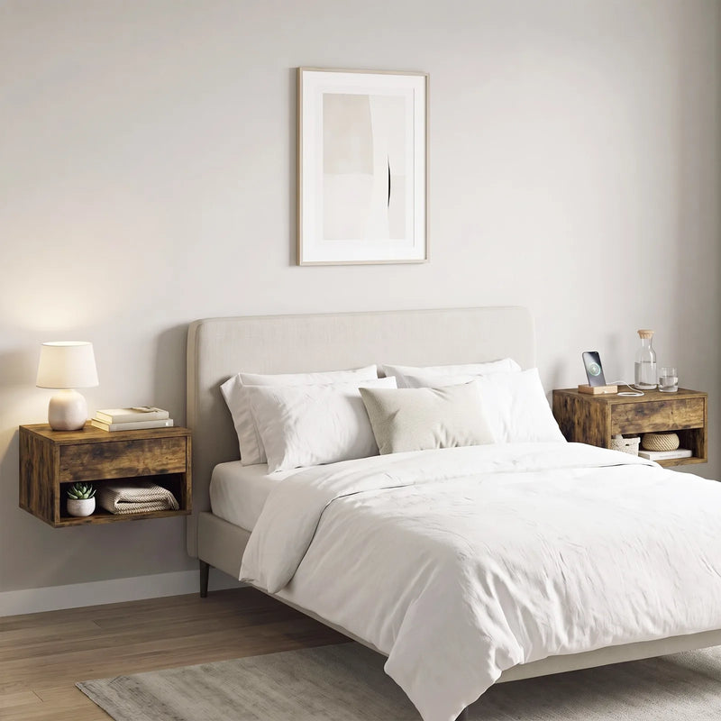 HOMCOM Set of Two Floating Bedside Tables - Rustic Brown