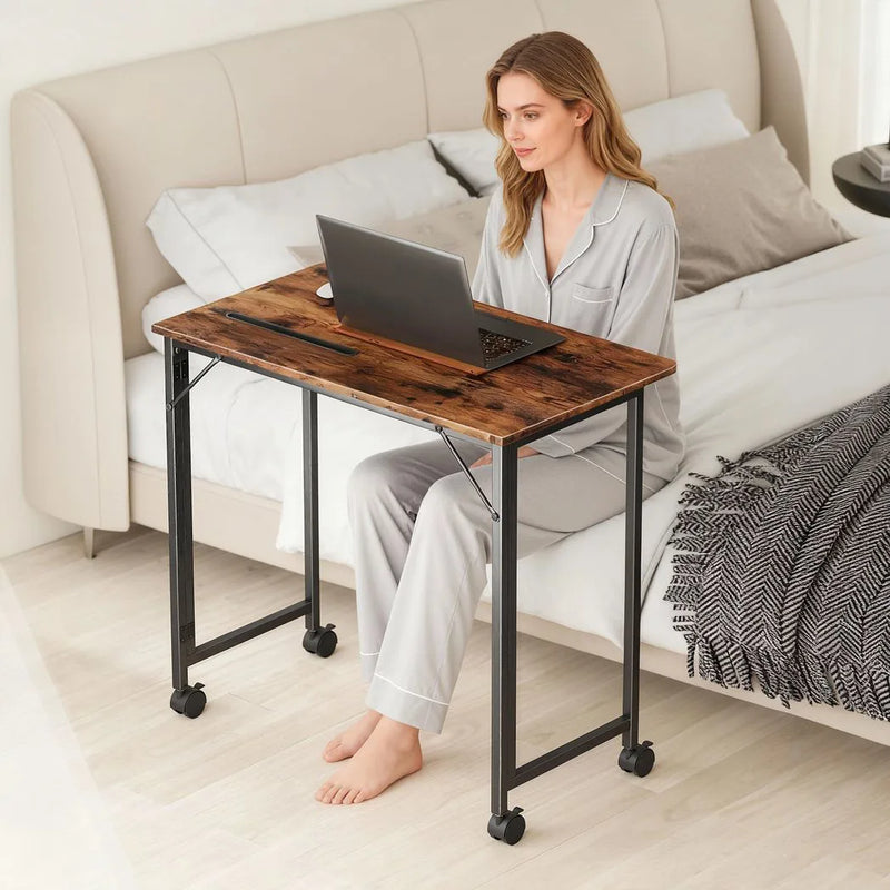 HOMCOM Folding Small Desk on Wheels - Rustic Brown