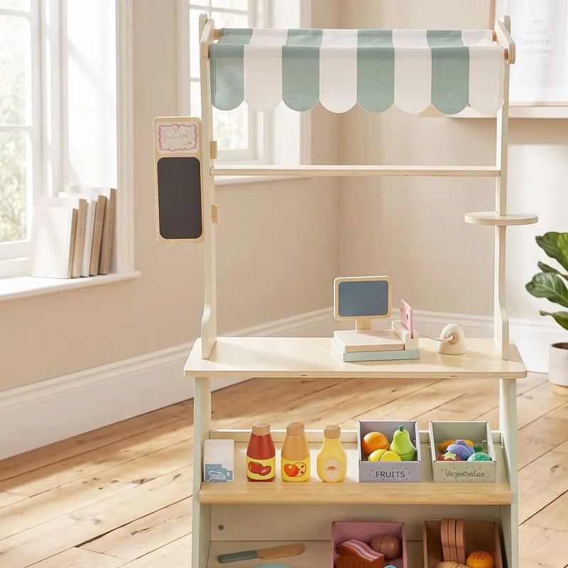 AIYAPLAY Wooden Toy Shop, Wooden Market Stall with Cash Register, Blackboard and Toy Food, 4 Storage Boxes, Ages 3, Green
