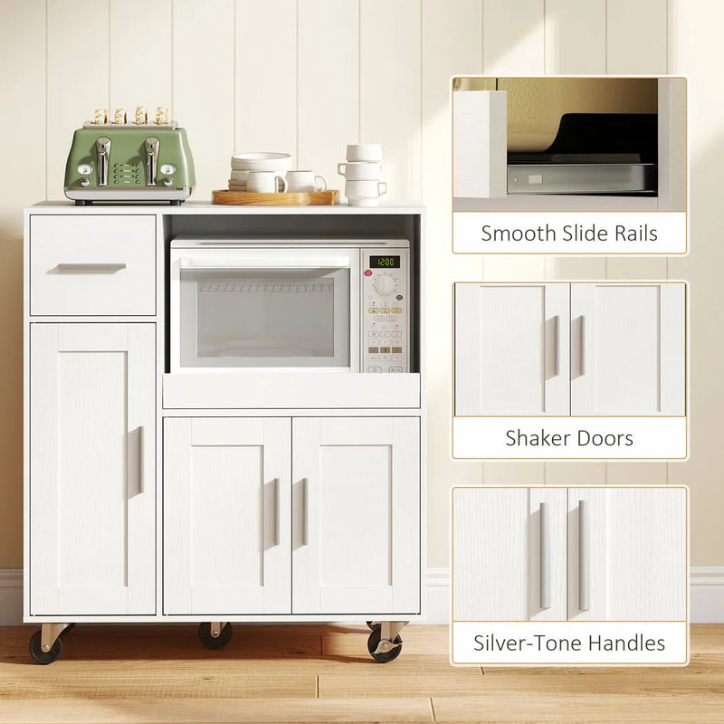 HOMCOM Rolling Kitchen Cart, Microwave Cabinet with Sliding Tray, Drawer, 3-Door Cupboards, Adjustable Shelf, White