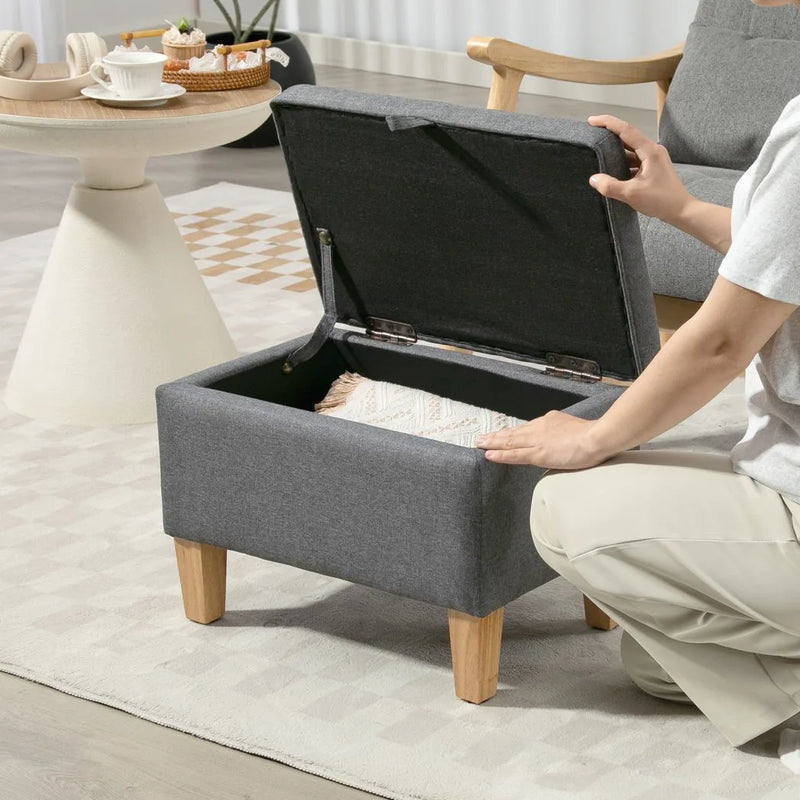 HOMCOM 16L Linen Storage Ottoman Padded Footstool with Rubberwood Legs for Storage Box, Bed End, Shoe Bench, Seating, Charcoal Grey