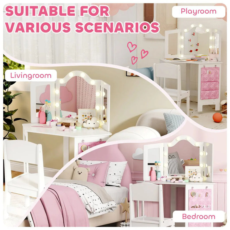 AIYAPLAY Kids Dressing Table and Stool Set, Girls Vanity Table with 2-Colour LED Lights, Tri-Folding Mirror, White