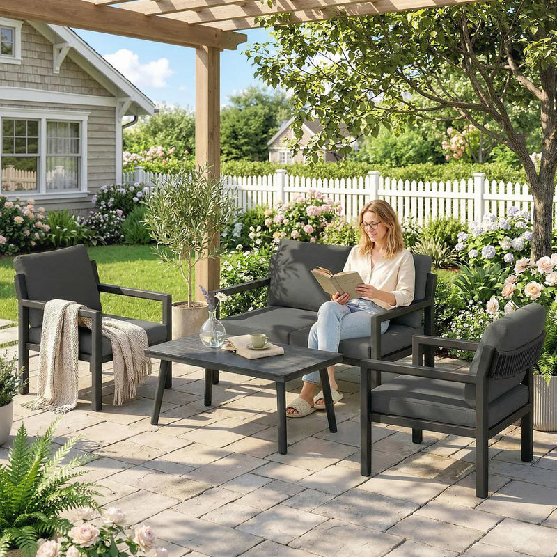 Outsunny 4 Seater Rattan Garden Furniture Set with 2 Armchairs, Loveseat, Coffee Table, Garden Sofa Set with Cushions, Dark Grey
