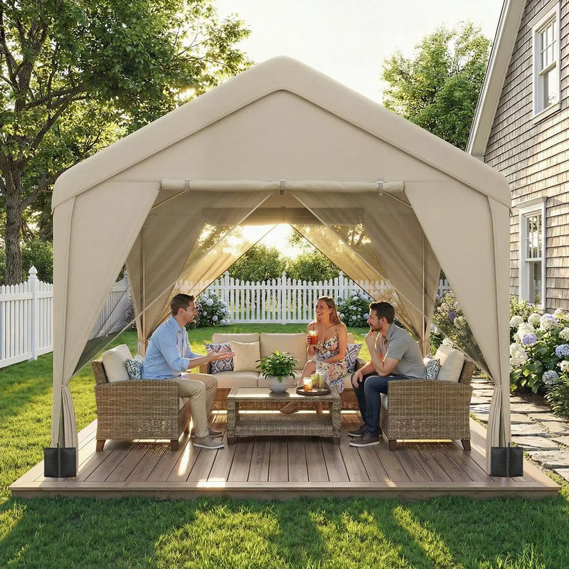 Outsunny 3 x 3 m Patio Gazebo with Netting & Curtains, Outdoor Canopy Shelter with Galvanised Steel Frame, Khaki
