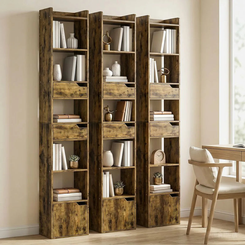 HOMCOM Bookcase Tall Narrow with 5 Tiers and Drawers Freestanding Bookshelf Storage Cabinet for Living Room Rustic Brown