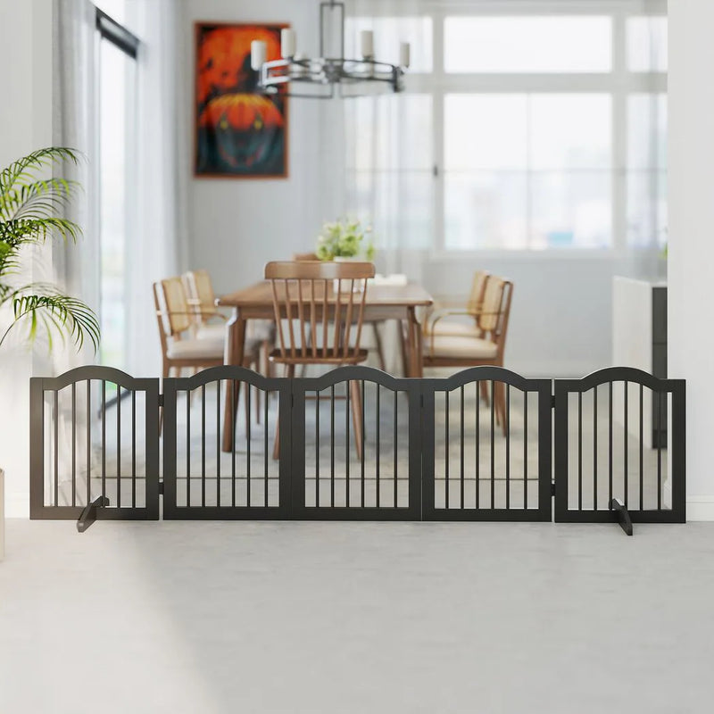 PawHut Freestanding Dog Gate Wooden Stair Gate for Dogs with Support Feet Foldable Pet Fence Safety Barrier for the House Doorway Stairs Black