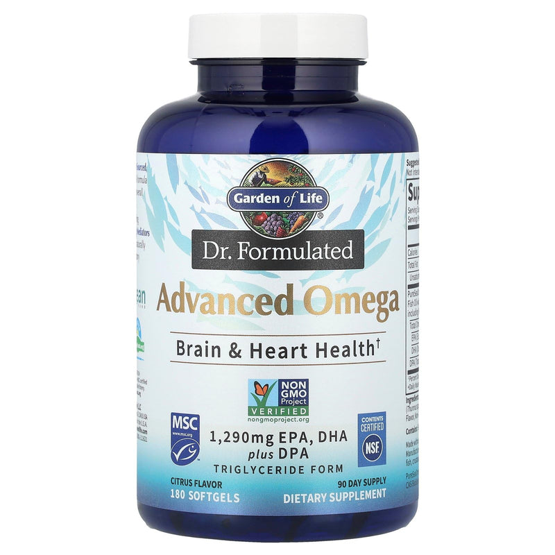 Garden of Life Dr. Formulated Advanced Omega Fish Oil - Lemon | 1,290 mg Omega-3 (EPA 695 mg, DHA 465 mg, DPA 30 mg), TG Form, 180 Softgels