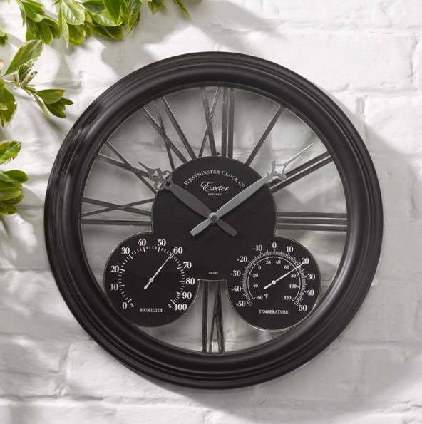 Large Black Garden Clock with Thermometer and Barometer 26.5cm