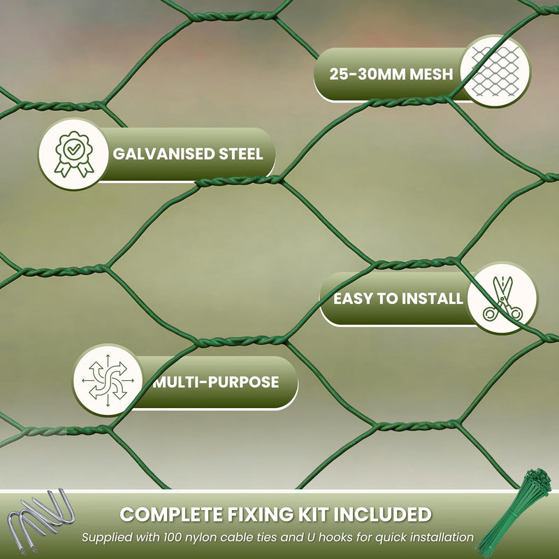 5m Green PVC Coated Chicken Wire Mesh Roll with Fixings