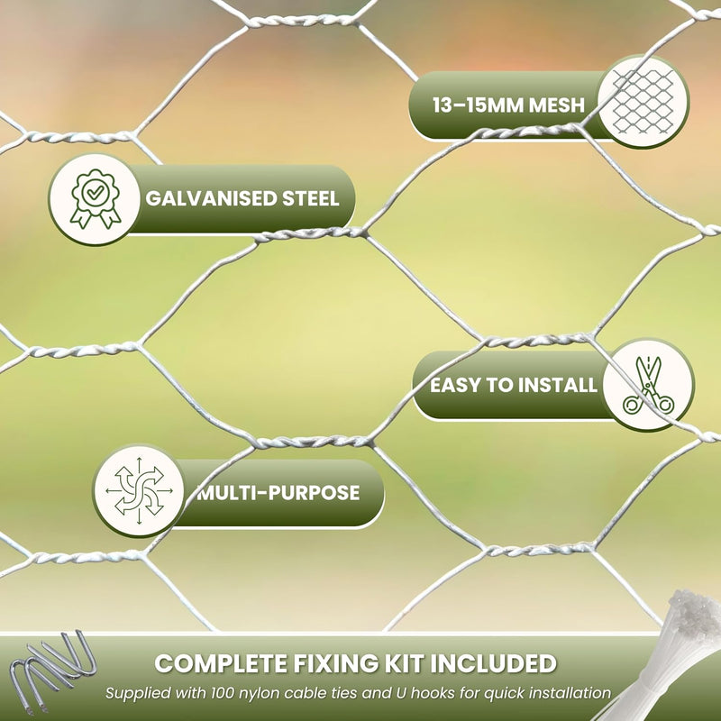 10m Galvanised Chicken Wire Mesh Roll with Fixings 13mm