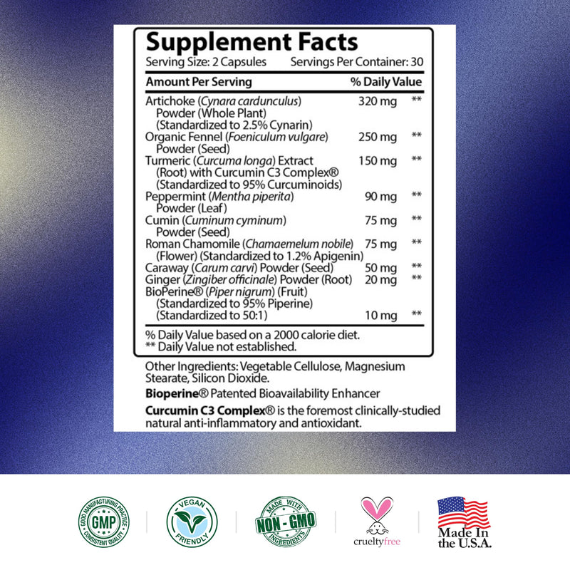 Gas & Bloating Relief - Artichoke, Ginger, Peppermint Leaf Powder - 60 Vegan Capsules | Research Verified