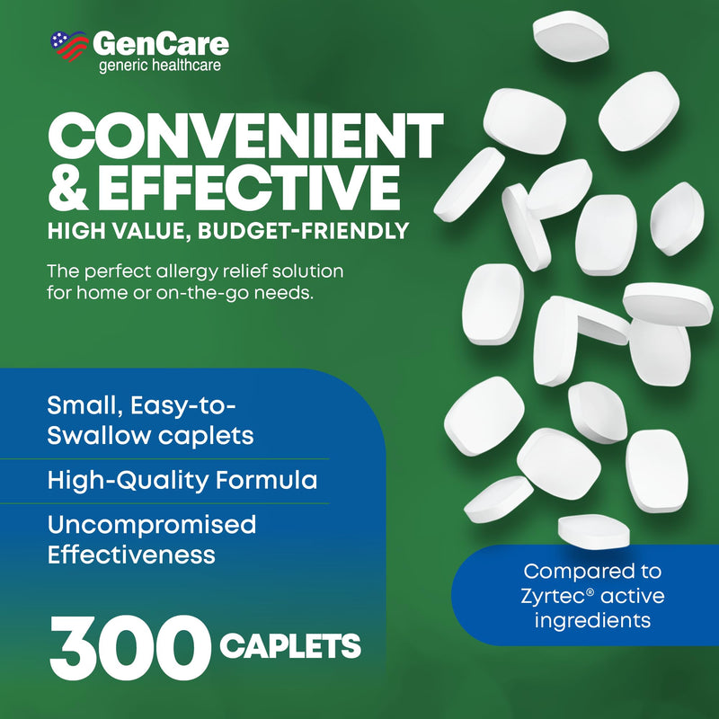 GenCare Cetirizine HCL 10 mg (300 Caplets) – 24-Hour Non-Drowsy Allergy Relief | OTC Antihistamine