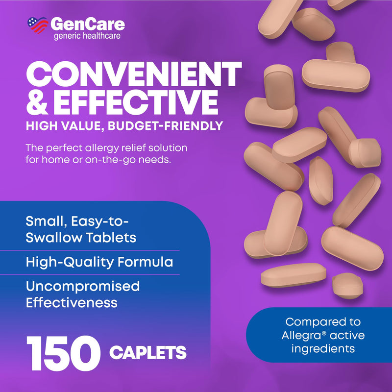 GenCare - Allergy Relief Pills | Fexofenadine HCl 180mg 150 Tablets | Non Drowsy Antihistamine Allergy Pills for Hay Fever, Seasonal Allergies, Outdoor & Indoor Allergies | Relieves Itchy Eyes & Nose