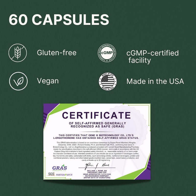 GENEIII L-Ergothioneine Supplement 30mg per Serving | 60 Servings | Lab Tested, USA Made