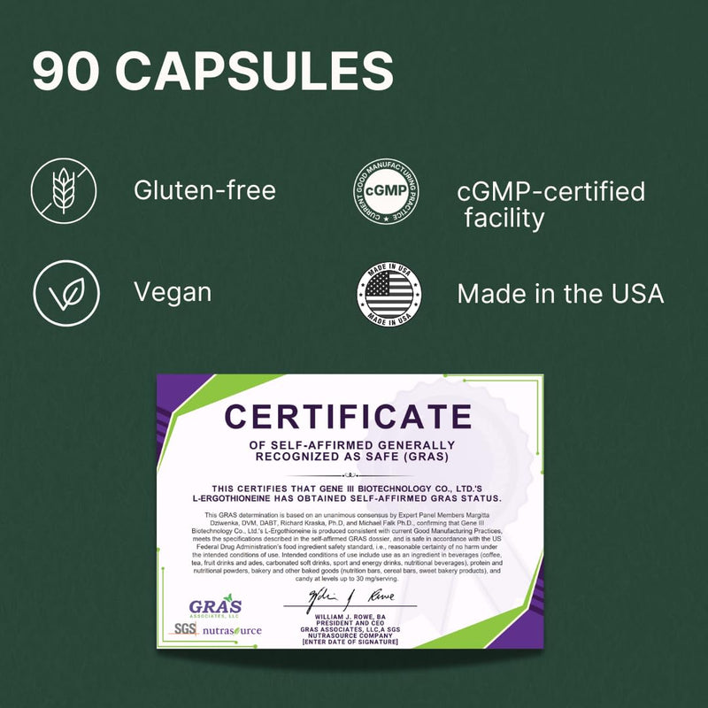 GENEIII L-Ergothioneine Supplement – 30 mg per Serving, 90 Servings | Immune & Brain Support