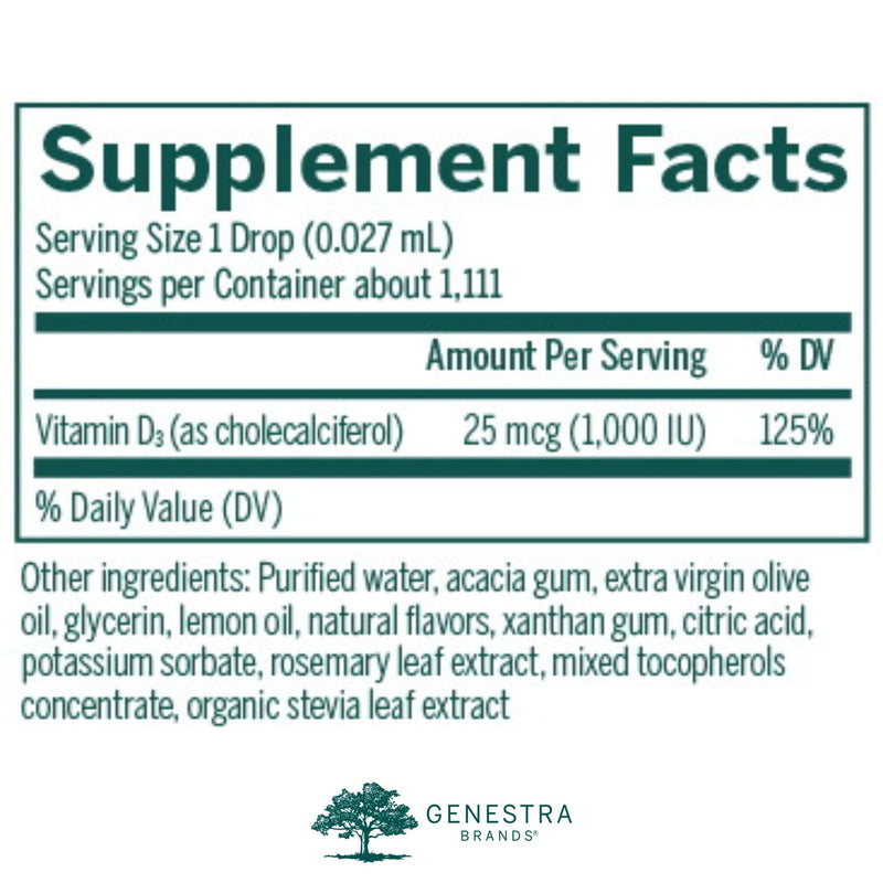 Genestra D-Mulsion 1000 Liquid Vitamin D Drops – Lemon Flavor, 1 oz