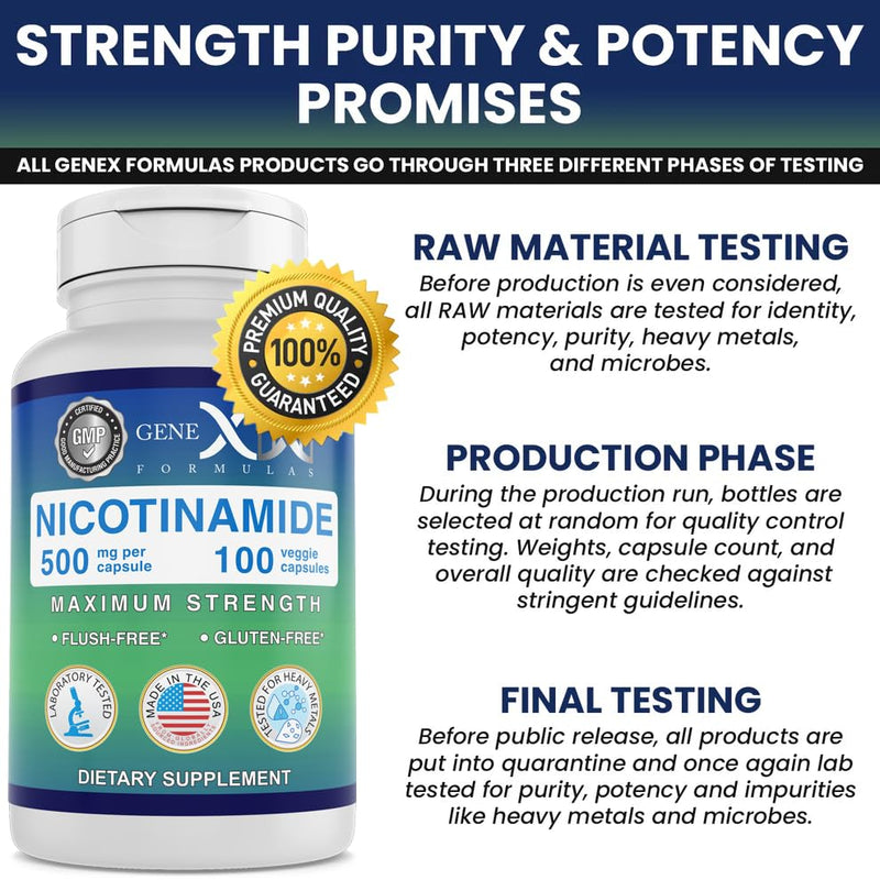 Genex Formulas Nicotinamide 500mg Niacinamide Capsules for Healthy Skin – 100 Count