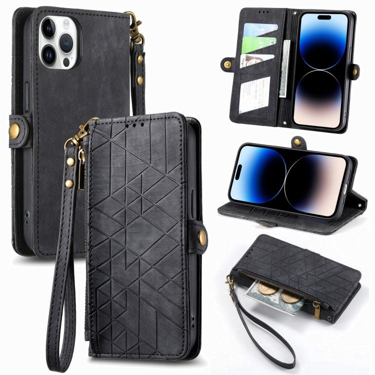 Geometric Zipper Wallet Side Buckle Leather Phone Case, For iPhone 14 Pro Max, For iPhone 7 / 8 / SE 2022, For iPhone 13 Pro Max, For iPhone 13 Pro - InStock