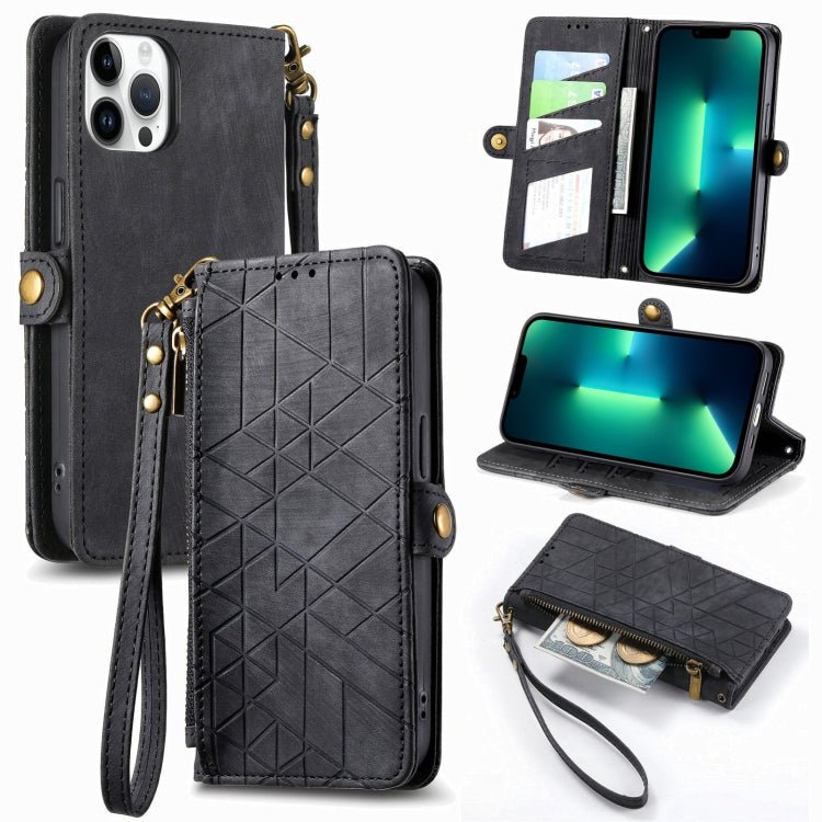 Geometric Zipper Wallet Side Buckle Leather Phone Case, For iPhone 14 Pro Max, For iPhone 7 / 8 / SE 2022, For iPhone 13 Pro Max, For iPhone 13 Pro - InStock