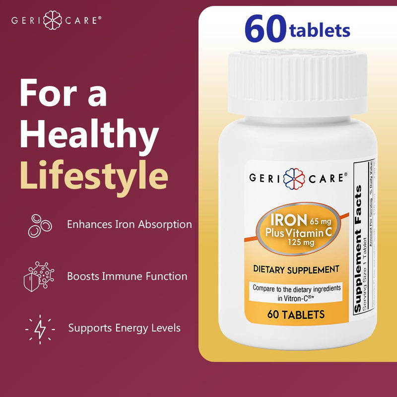 GeriCare Iron 65mg + Vitamin C 125mg Tablets – High-Absorption Iron for Anemia Support (60 Count)