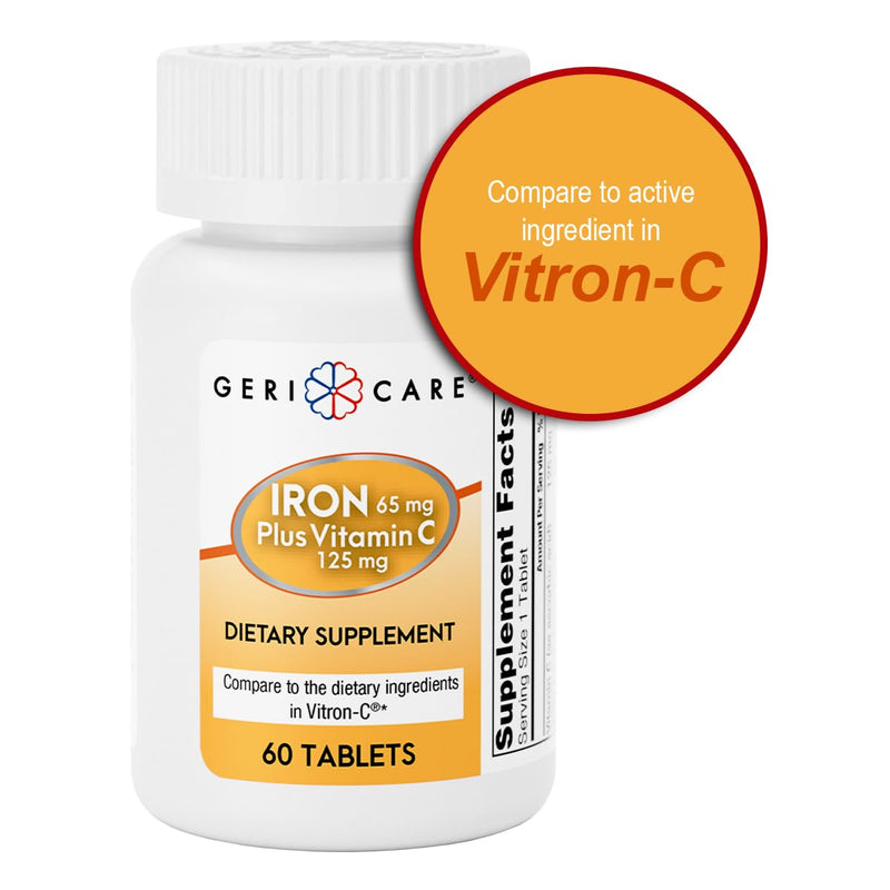 GeriCare Iron 65mg + Vitamin C 125mg Tablets – High-Absorption Iron for Anemia Support (60 Count, 2 Pack)