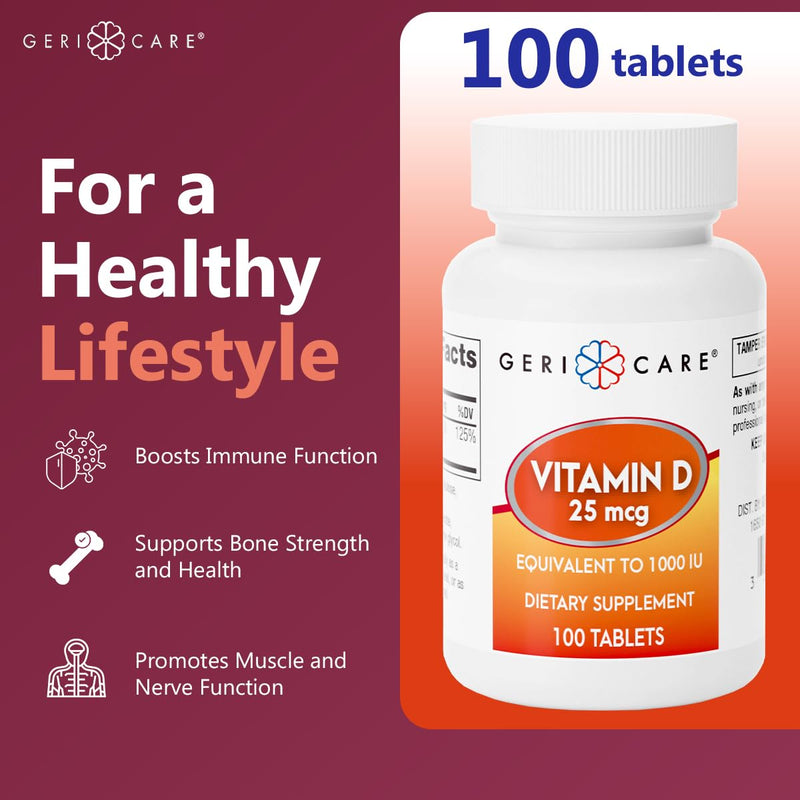 GeriCare Vitamin D 25mcg Tablets – Bone Health & Immune Support (100 Count)