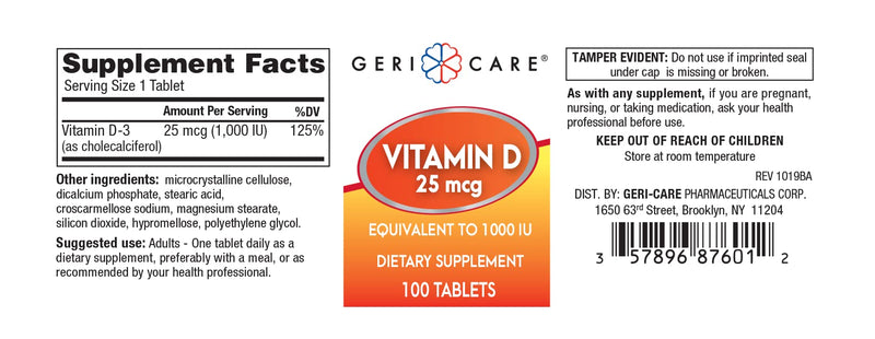 GeriCare Vitamin D 25mcg Tablets – Bone Health & Immune Support (100 Count)