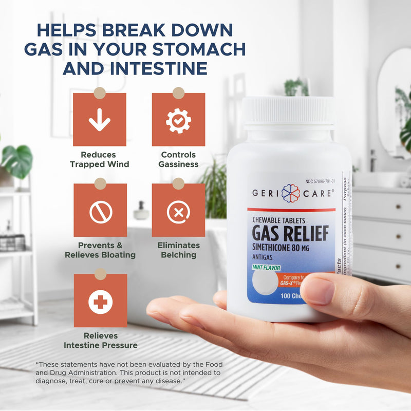 GeriCare Simethicone Chewables 80mg - Mint Flavor, 100 Tablets | Fast Gas Relief