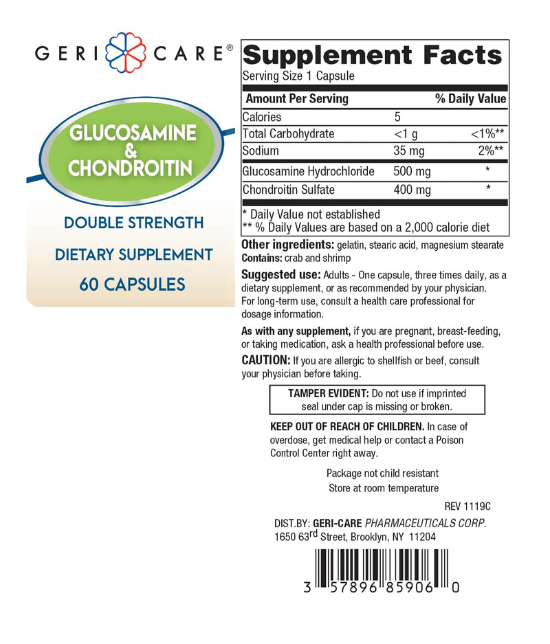 Gericare Glucosamine HCl 500 mg + Chondroitin Sulfate 400 mg with Sodium 35 mg Capsules | Joint Mobility & Cartilage Health | 60 Count