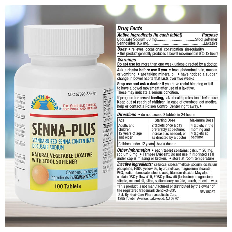 GeriCare Senna Plus Natural Laxative with Stool Softener – 200 Tablets (Pack of 2)